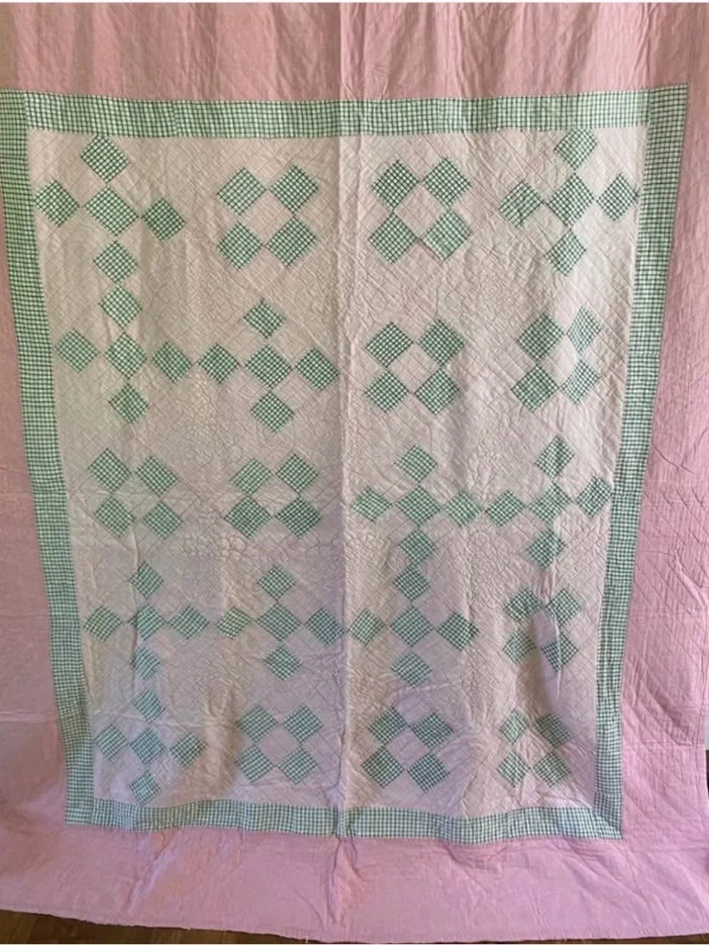 Nine Patch Green Gingham and pink Patchwork Quilt - Hand sewn and quilted